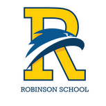 A yellow varsity letter R with a blue Hawk in the center, with the title Robinson School underneath both.